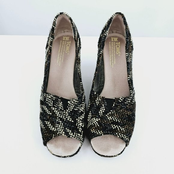 Toms Stella Tweed Peep Toe Wedges 6 Black Brown Cream Slip On Boucle Houndstooth - Picture 4 of 13